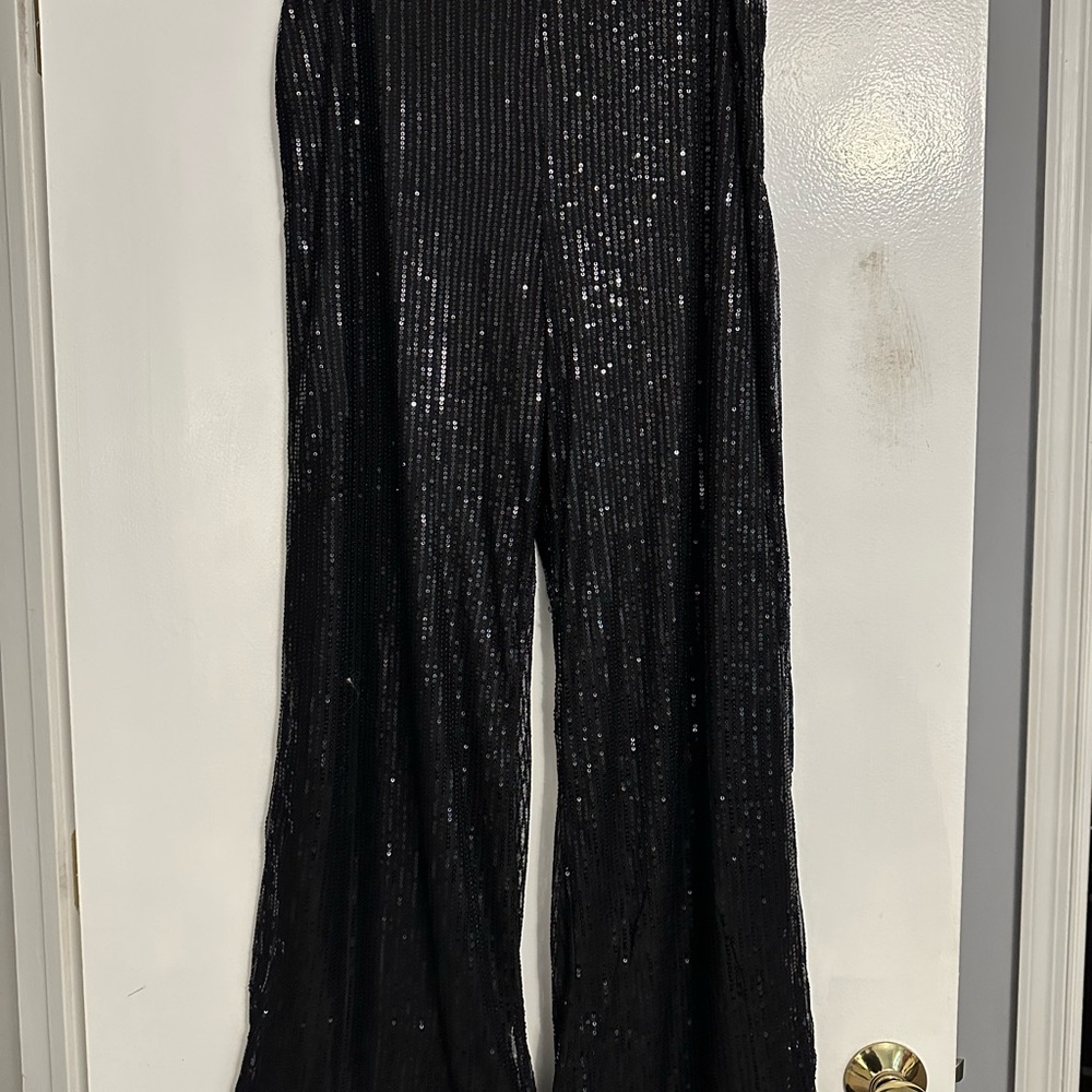 Black Sequin Straight-Leg Pants